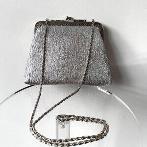 60s vintage silver lurex formal evening clutch pouch metal chain crossbody bag